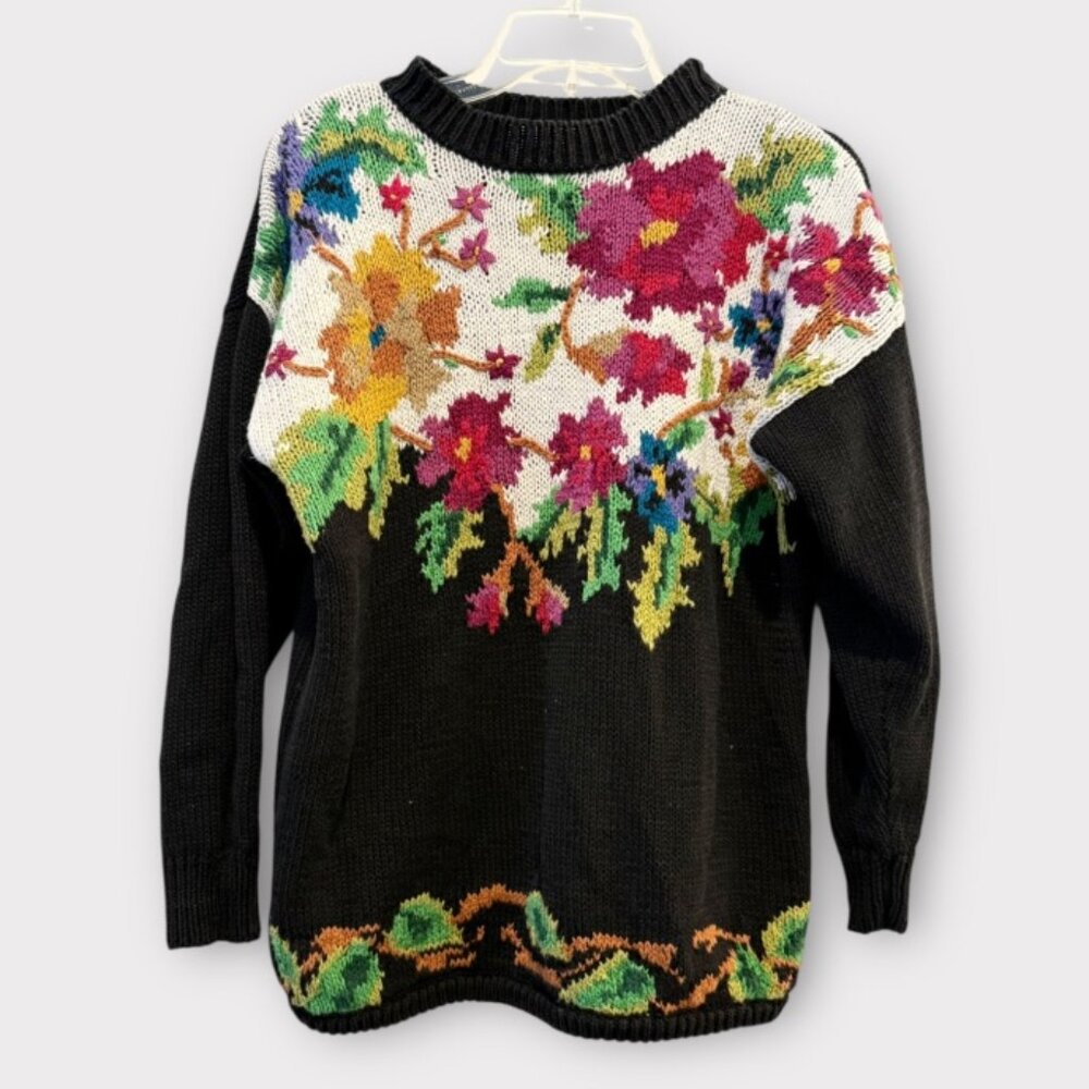 Vintage 80s Capezio Cotton Blend Floral Sweater Sz M